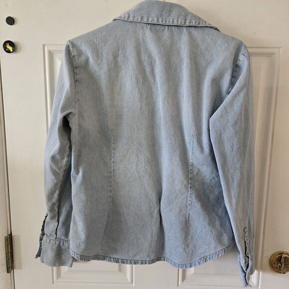 Newport News Jeanology Denim Jacket Cardigan Ruffled Button Up Women Size Medium - Picture 3 of 6